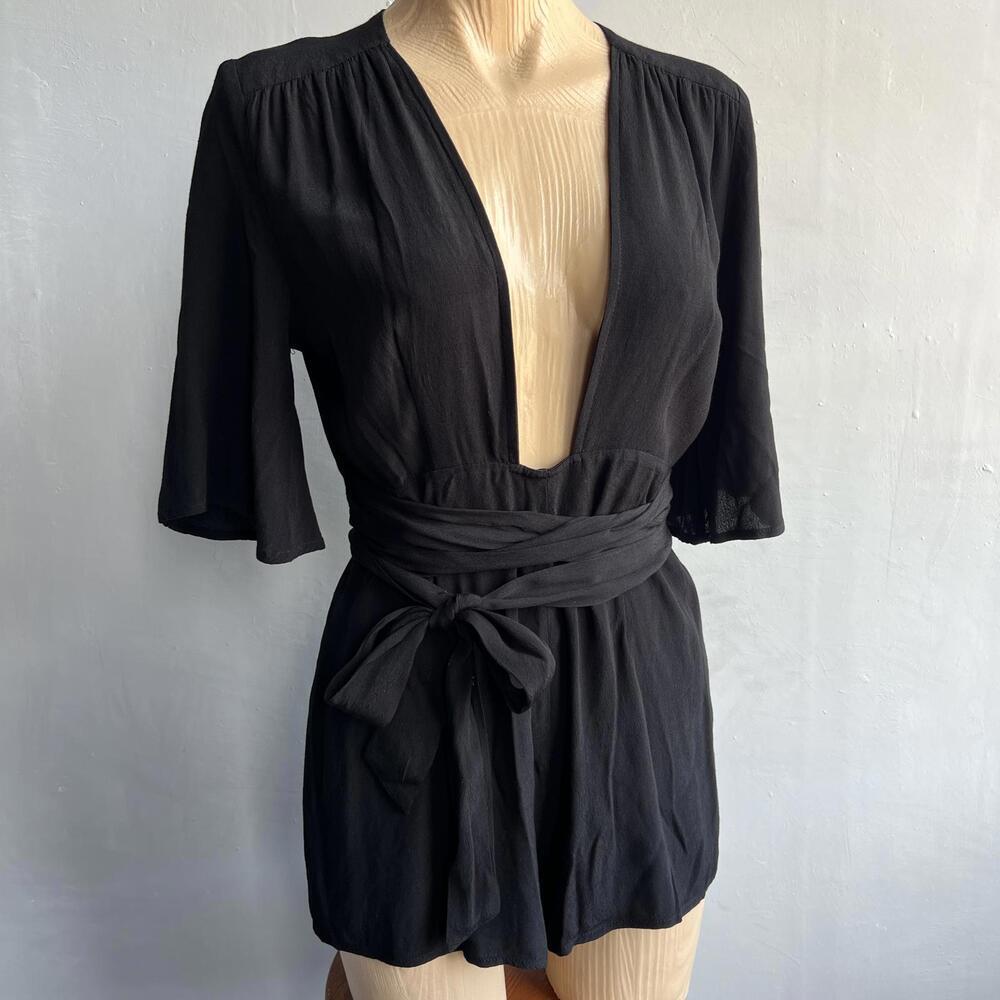 Cotton Candy LA Black Plunge Tie-Waist Romper Women’s Size M Boho Chic Belted